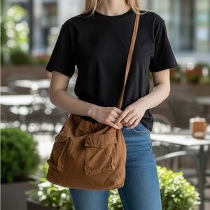 ZARA Brown Canvas Cotton Tote Bag Large 21x17 Adjustable Straps Boho Hobo Hippie